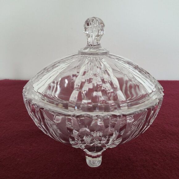 Three-Footed Pedestal Glass Candy Dish Covered Bowl Art Deco Geometric Design - Picture 2 of 13